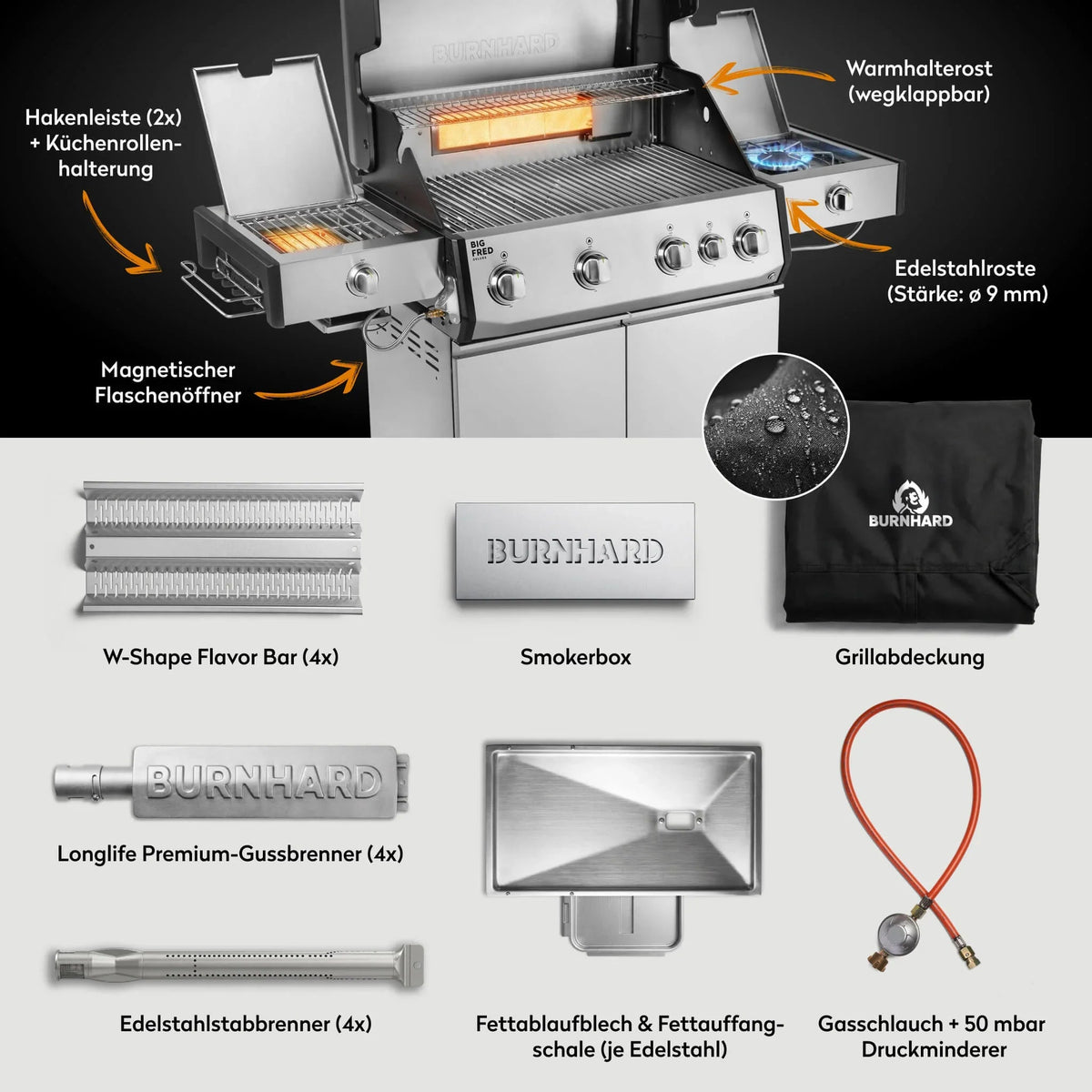 Burnhard Big FRED Deluxe+ Gasgrill Edelstahl 4 - Brenner mit Edelstahlrost Series 4 - grillstir.comBurnhard Big FRED Deluxe+ Gasgrill Edelstahl 4 - Brenner mit Edelstahlrost Series 4Burnhardgrillstir.com