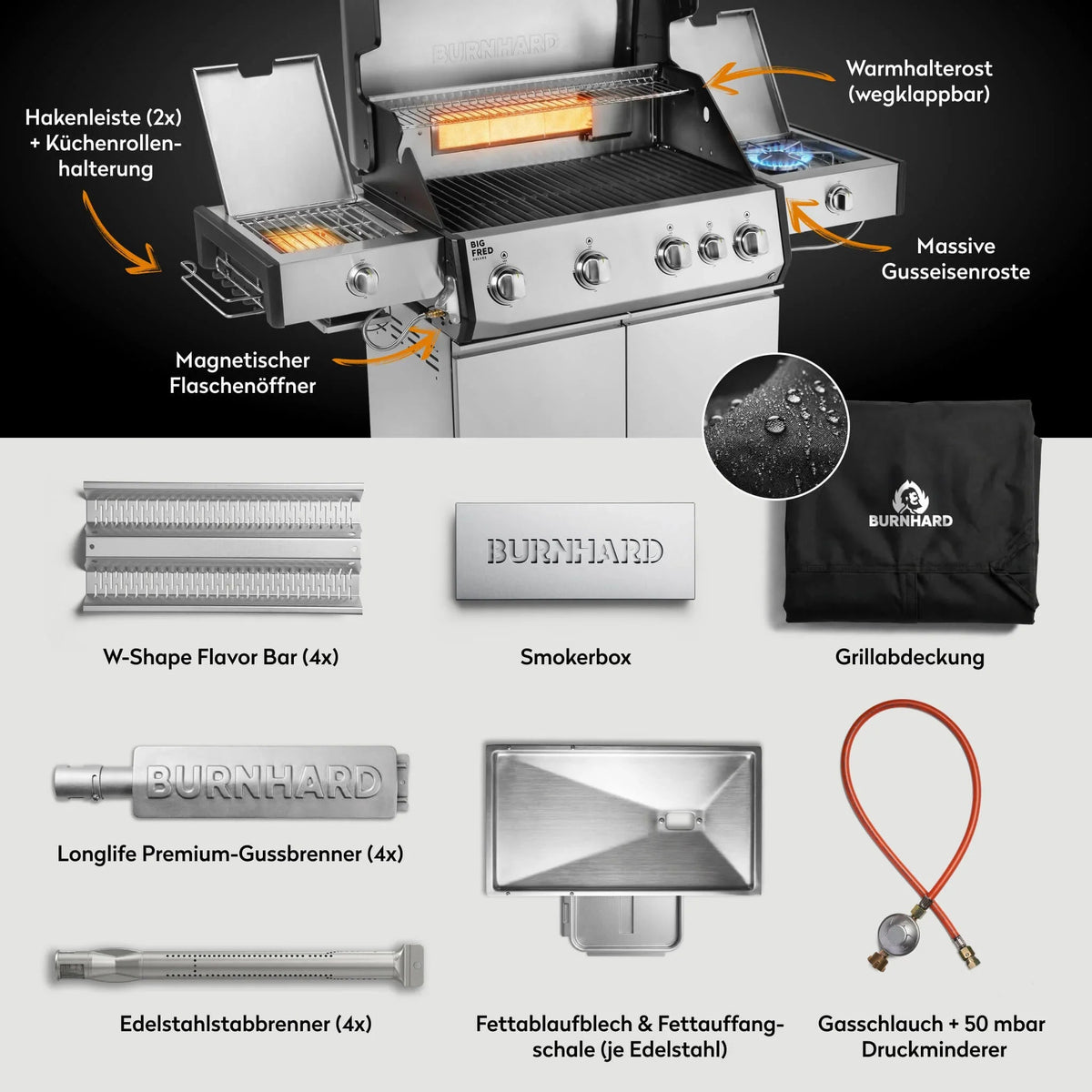 Burnhard Big FRED Deluxe+ Gasgrill Edelstahl 4 - Brenner mit Gusseisenrost Series 4 - grillstir.comBurnhard Big FRED Deluxe+ Gasgrill Edelstahl 4 - Brenner mit Gusseisenrost Series 4Burnhardgrillstir.com