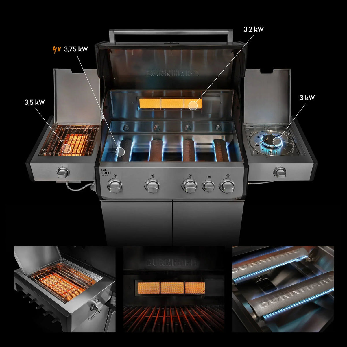 Burnhard Big FRED Deluxe+ Gasgrill Edelstahl 4 - Brenner mit Gusseisenrost Series 4 - grillstir.comBurnhard Big FRED Deluxe+ Gasgrill Edelstahl 4 - Brenner mit Gusseisenrost Series 4Burnhardgrillstir.com