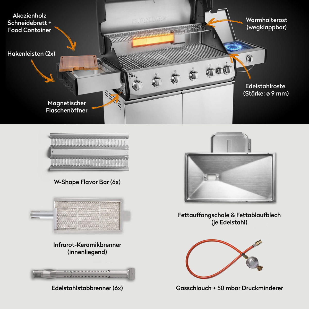 Burnhard Fat FRED Deluxe+ Gasgrill 6 - Brenner Edelstahl mit Edelstahlrost Series 4 - grillstir.comBurnhard Fat FRED Deluxe+ Gasgrill 6 - Brenner Edelstahl mit Edelstahlrost Series 4Burnhardgrillstir.com
