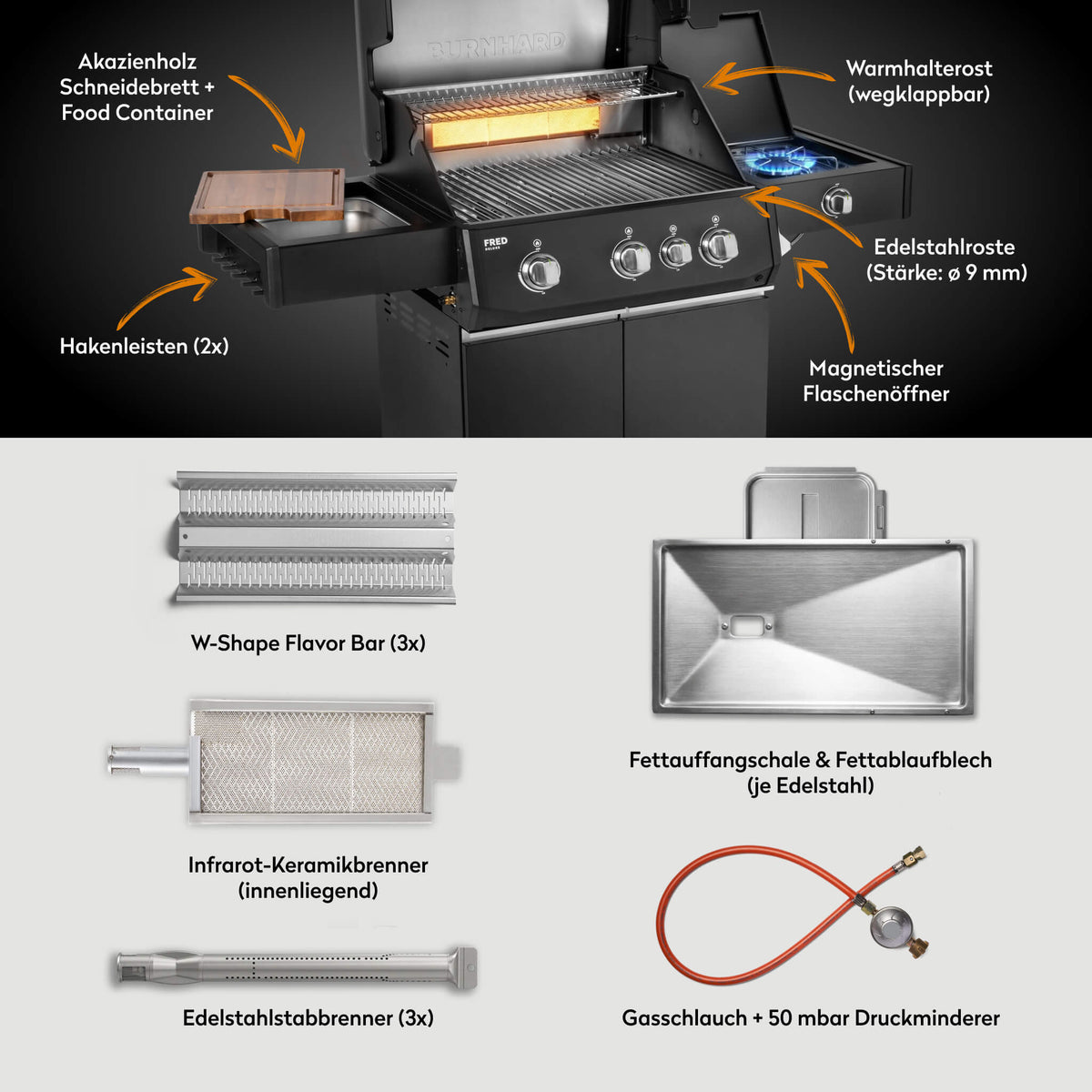 Burnhard FRED Deluxe Gasgrill 3 - Brenner Black Edition mit Edelstahlrost Series 4 - grillstir.comBurnhard FRED Deluxe Gasgrill 3 - Brenner Black Edition mit Edelstahlrost Series 4Burnhardgrillstir.com