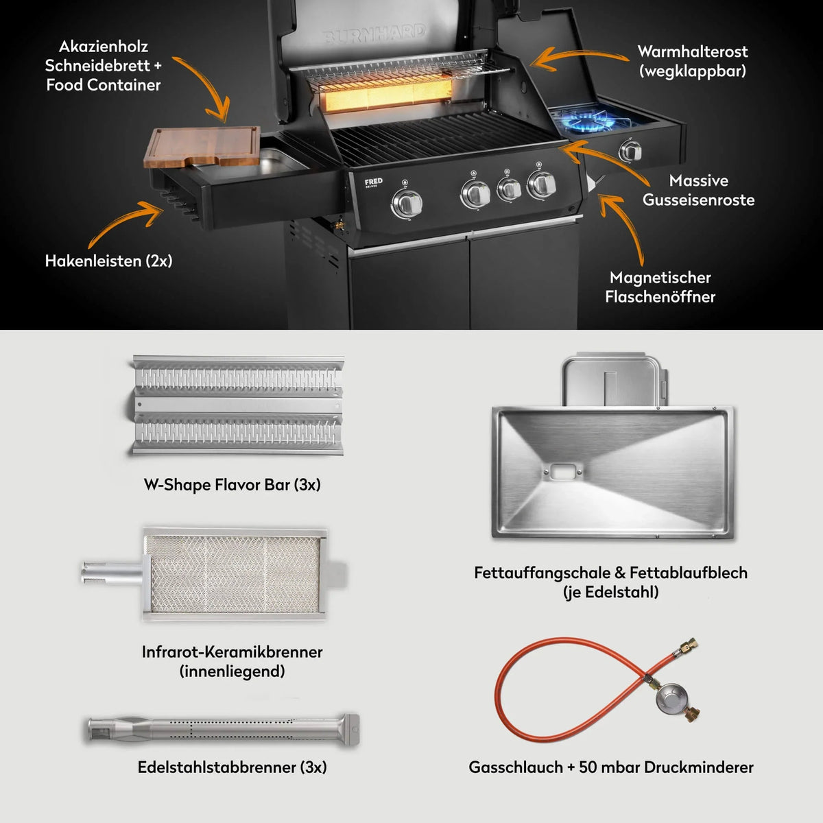 Burnhard FRED Deluxe Gasgrill 3 - Brenner Black Edition mit Gusseisenrost Series 4 - grillstir.comBurnhard FRED Deluxe Gasgrill 3 - Brenner Black Edition mit Gusseisenrost Series 4Burnhardgrillstir.com