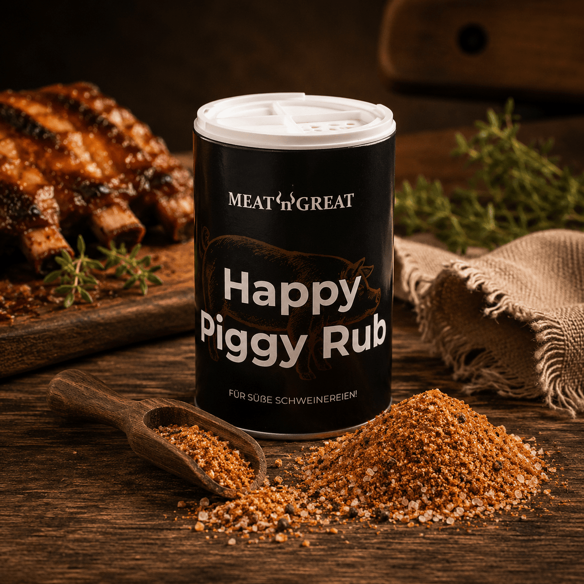 Meat 'n' Great Happy Piggy Rub, Streuer, 100g - grillstir.comMeat 'n' Great Happy Piggy Rub, Streuer, 100gMeat 'n' Greatgrillstir.com