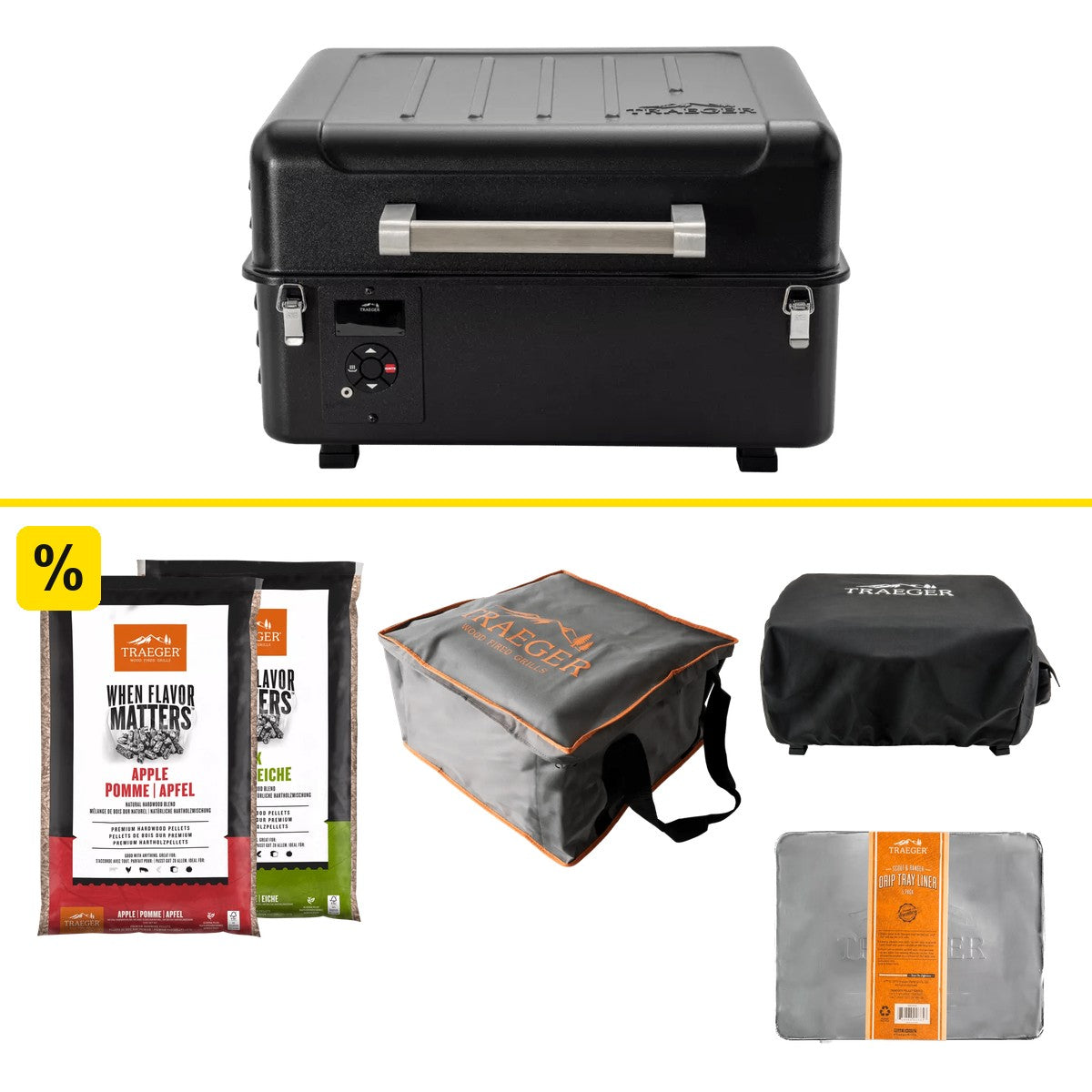 Traeger Ranger Pelletgrill Bundle mit To-Go-Tasche, Abdeckhaube, Ablaufblech-Schutzfolien und Traeger Pellets Apfel und Eiche