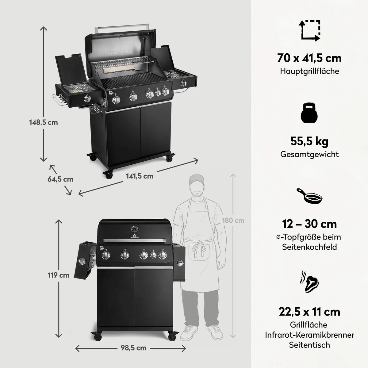 Burnhard Big FRED Deluxe+ Gasgrill Black Edition 4 - Brenner mit Edelstahlrost Series 4 - grillstir.comBurnhard Big FRED Deluxe+ Gasgrill Black Edition 4 - Brenner mit Edelstahlrost Series 4Burnhardgrillstir.com