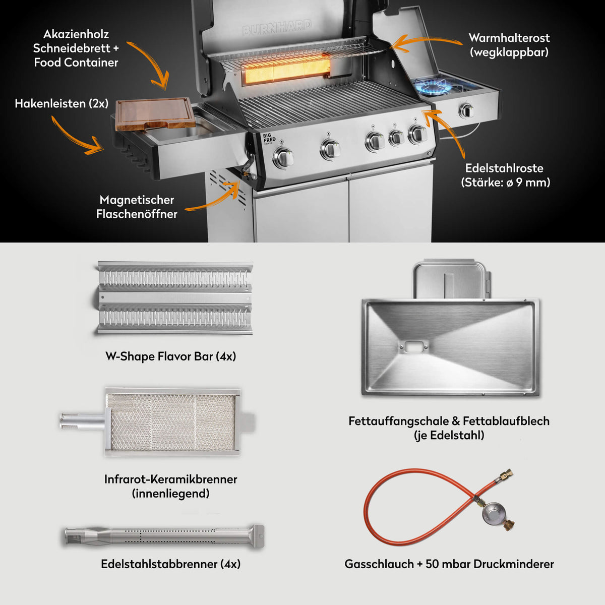 Burnhard Big FRED Deluxe Gasgrill Edelstahl 4 - Brenner mit Edelstahlrost Series 4 - grillstir.comBurnhard Big FRED Deluxe Gasgrill Edelstahl 4 - Brenner mit Edelstahlrost Series 4Burnhardgrillstir.com