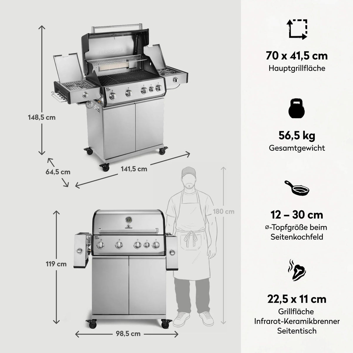 Burnhard Big FRED Deluxe+ Gasgrill Edelstahl 4 - Brenner mit Gusseisenrost Series 4 - grillstir.comBurnhard Big FRED Deluxe+ Gasgrill Edelstahl 4 - Brenner mit Gusseisenrost Series 4Burnhardgrillstir.com