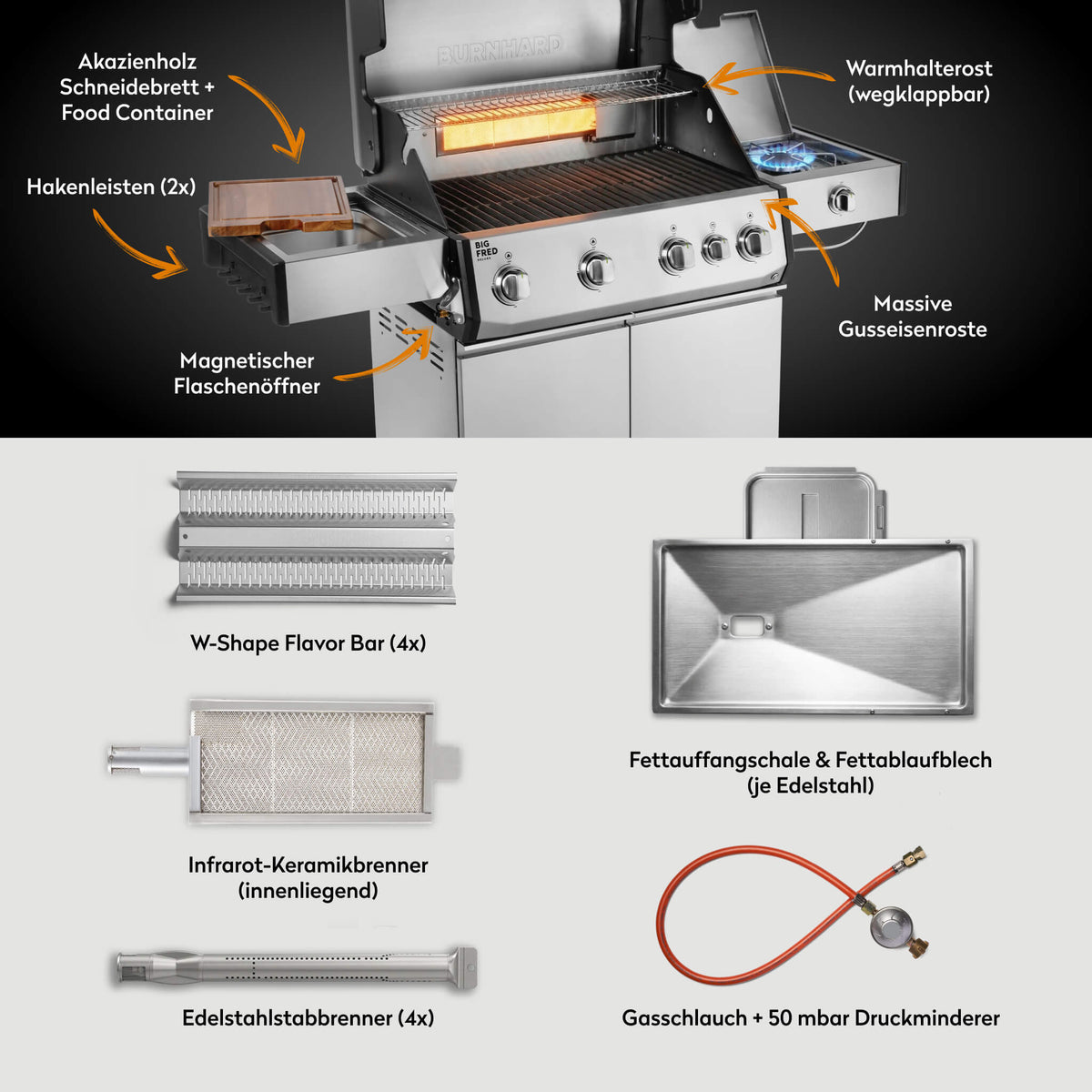 Burnhard Big FRED Deluxe Gasgrill Edelstahl 4 - Brenner mit Gusseisenrost Series 4 - grillstir.comBurnhard Big FRED Deluxe Gasgrill Edelstahl 4 - Brenner mit Gusseisenrost Series 4Burnhardgrillstir.com