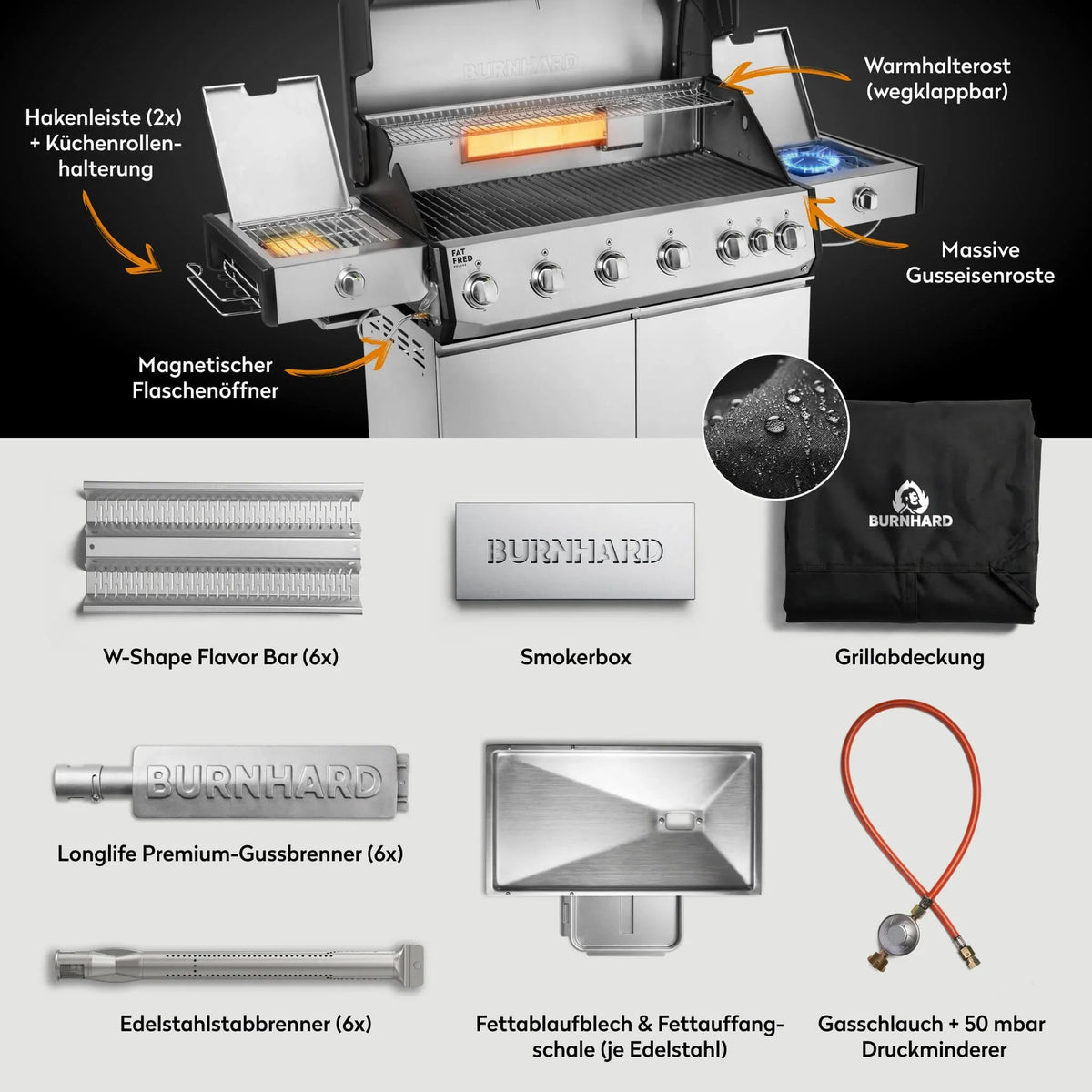 Burnhard Fat FRED Deluxe+ Gasgrill 6 - Brenner Edelstahl mit Gusseisenrost Series 4 - grillstir.comBurnhard Fat FRED Deluxe+ Gasgrill 6 - Brenner Edelstahl mit Gusseisenrost Series 4Burnhardgrillstir.com