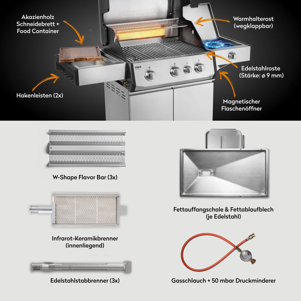 Burnhard FRED Deluxe Gasgrill 3 - Brenner Edelstahl mit Gusseisenrost Series 4 - grillstir.comBurnhard FRED Deluxe Gasgrill 3 - Brenner Edelstahl mit Gusseisenrost Series 4Burnhardgrillstir.com