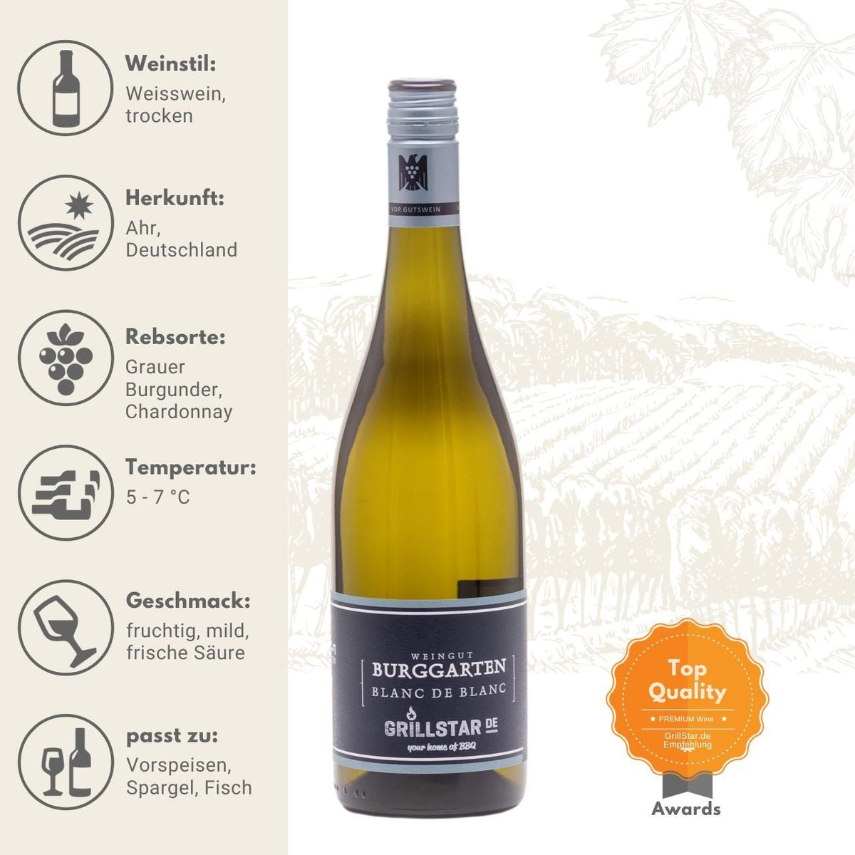 Grillstar Blanc de Blanc - Weingut Burggarten - Weißwein - grillstir.comGrillstar Blanc de Blanc - Weingut Burggarten - WeißweinGrillstargrillstir.com23 - 21 - G4260224820211