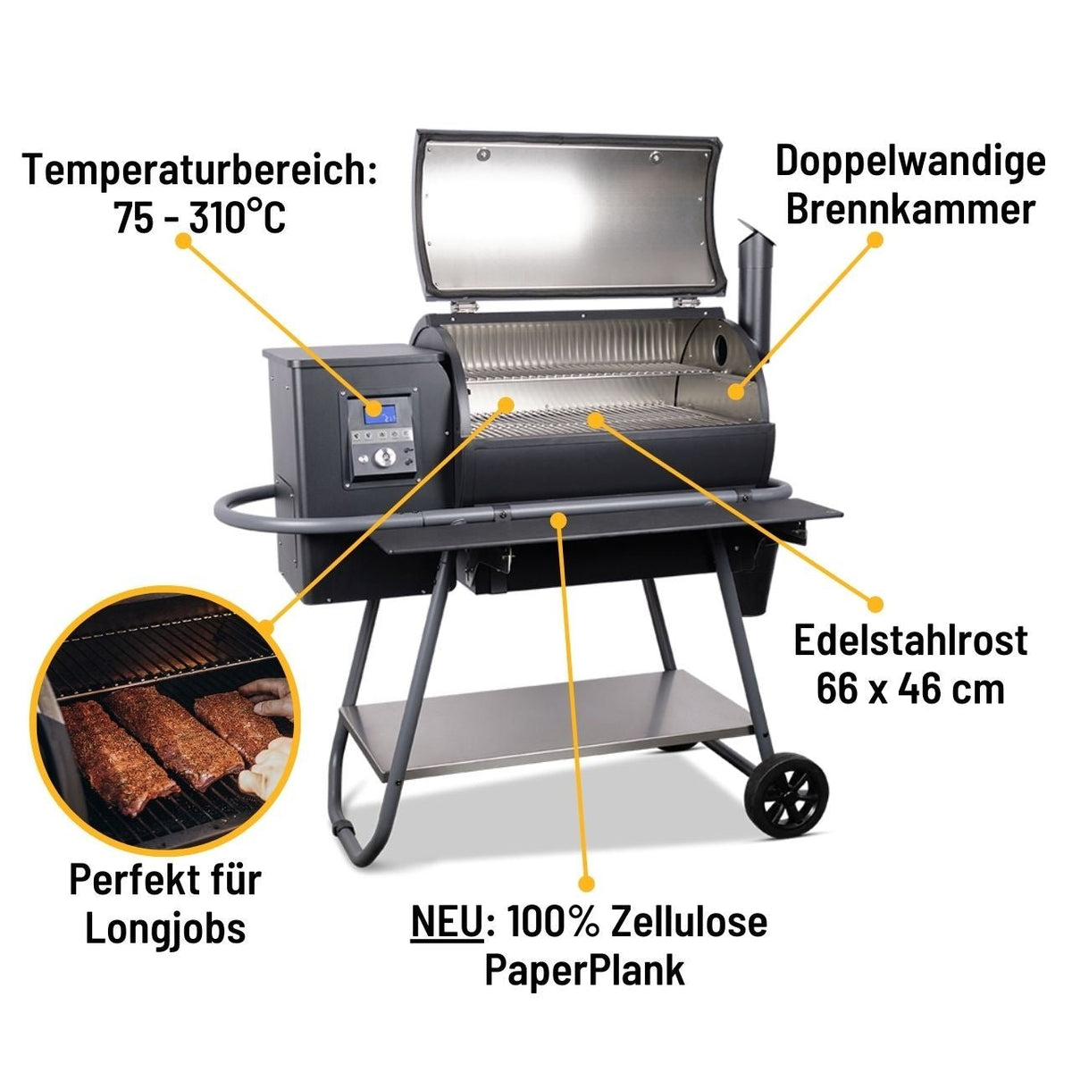 Moesta Sheriff Pelletgrill, inkl. Ablagebrett PaperPlank schwarz & Halterungen, 66 x 44 cm Grillfläche - grillstir.comMoesta Sheriff Pelletgrill, inkl. Ablagebrett PaperPlank schwarz & Halterungen, 66 x 44 cm GrillflächeMoestagrillstir.com198834260664772552