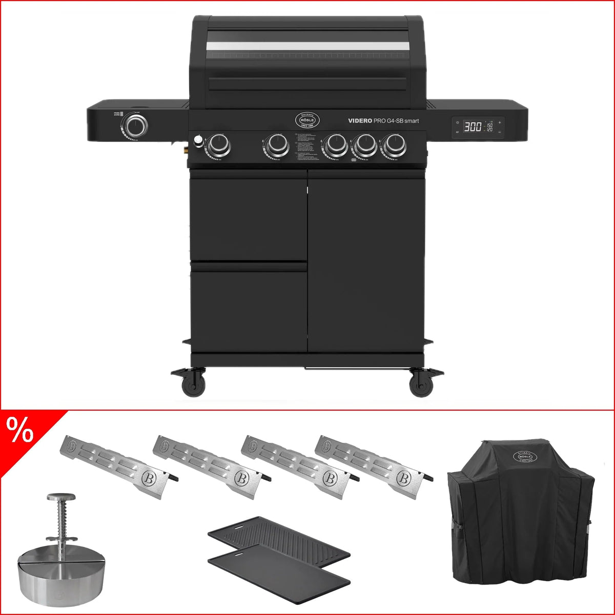 Rösle Videro Pro G4 - SB smart Vario+ inkl. Rösle Abdeckhaube, 4x Babossa Flammschutzbleche, Gussplatte & Burger Presse - grillstir.comRösle Videro Pro G4 - SB smart Vario+ inkl. Rösle Abdeckhaube, 4x Babossa Flammschutzbleche, Gussplatte & Burger PresseRöslegrillstir.com25602_F_S_R_25440_25517_B - 31000